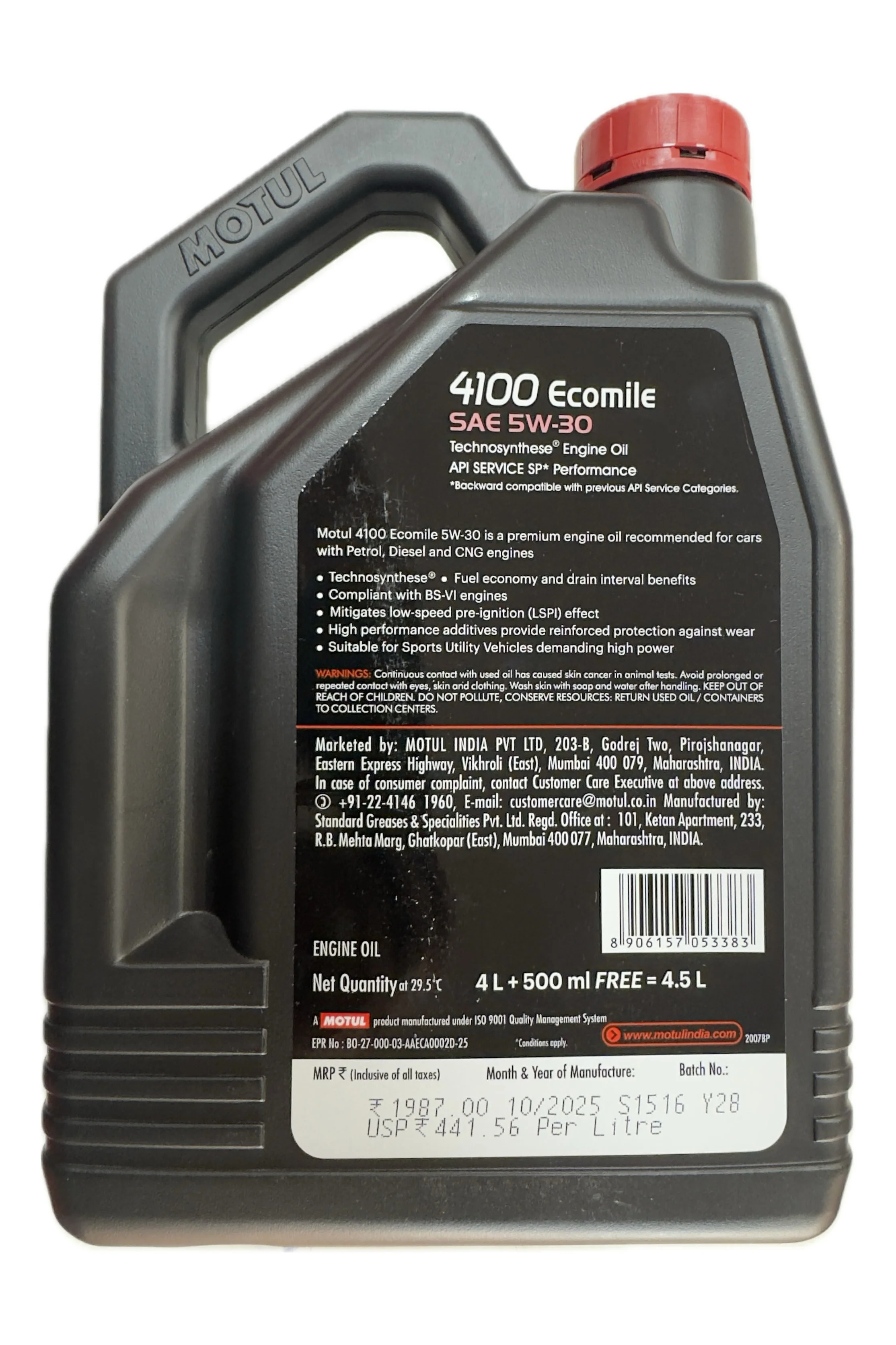 Motul 4100 Ecomile 5W30 Technosynthese Engine Oil 4.5L for Petrol Diesel CNG - Image 2